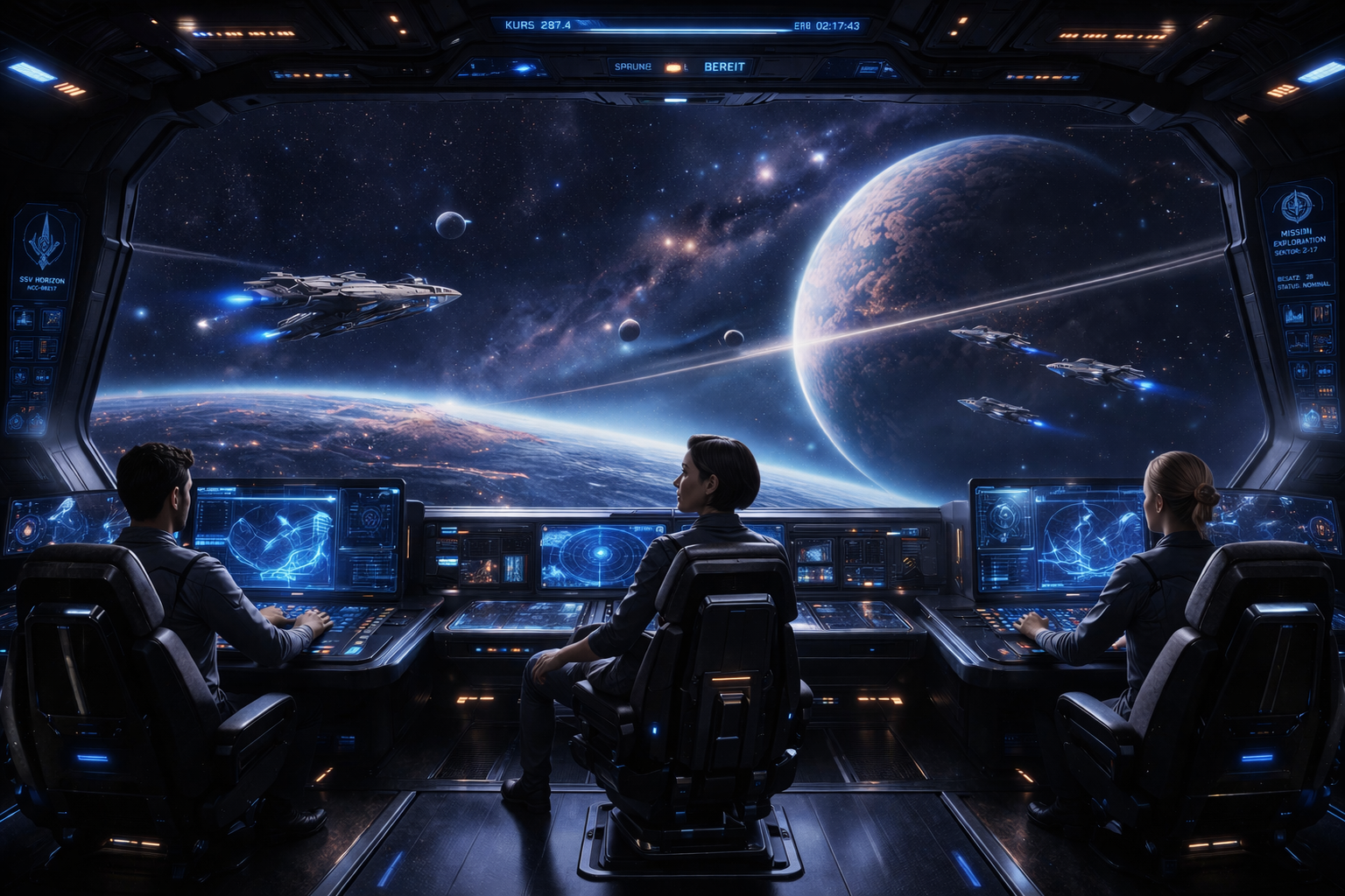 Futuristische Kommandozentrale eines Raumschiffs mit großen Panoramafenstern, die den Blick auf den Weltraum freigeben, beleuchteten Kontrollpulten und modernen Arbeitsstationen.