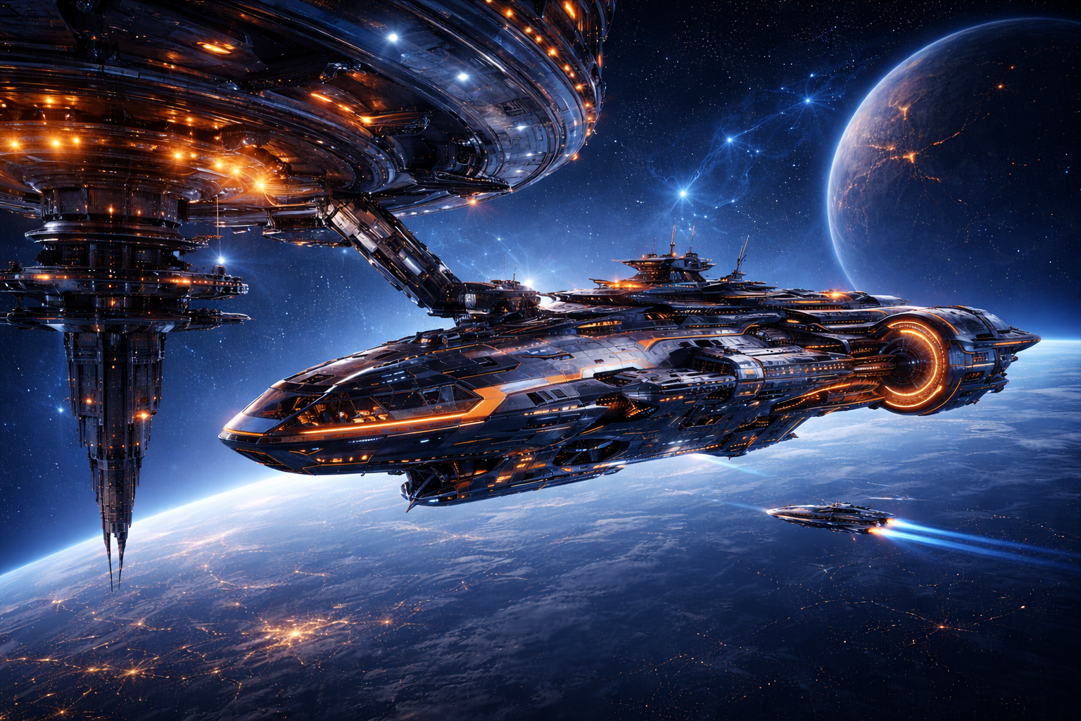 Zwei futuristische Raumschiffe bei einem präzisen Andockmanöver im Weltraum vor dem Hintergrund eines fernen Planeten und funkelnder Sterne.
