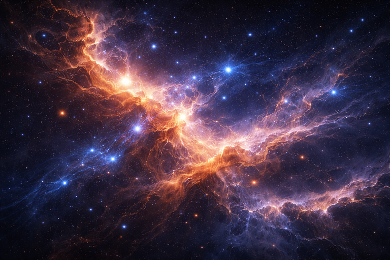 Ein leuchtender, farbenprächtiger kosmischer Nebel in Gold- und Blautönen, der wie glühender Dunst zwischen fernen Sternenhaufen und Galaxien schwebt.