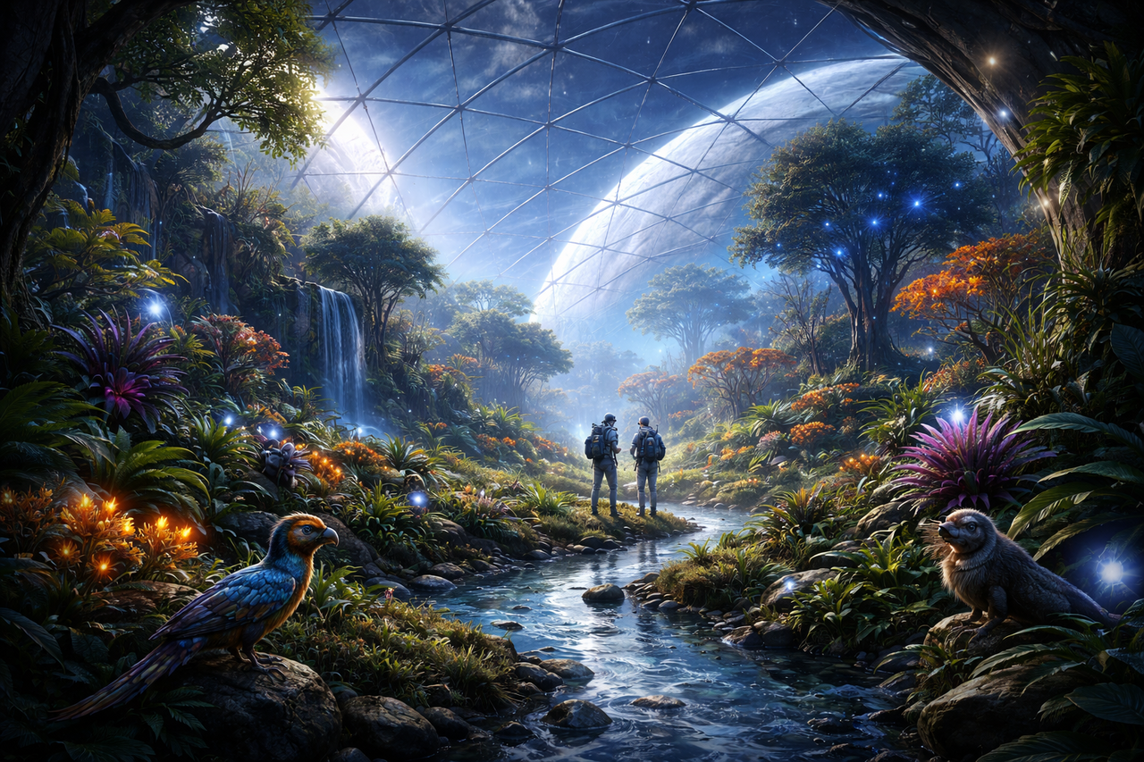 Eine transparente Glaskuppel auf der Oberfläche eines fremden Planeten, in deren Innerem ein grüner Wald mit irdischer Vegetation gedeiht, kontrastiert durch die karge, rote Planetenlandschaft im Außenbereich.