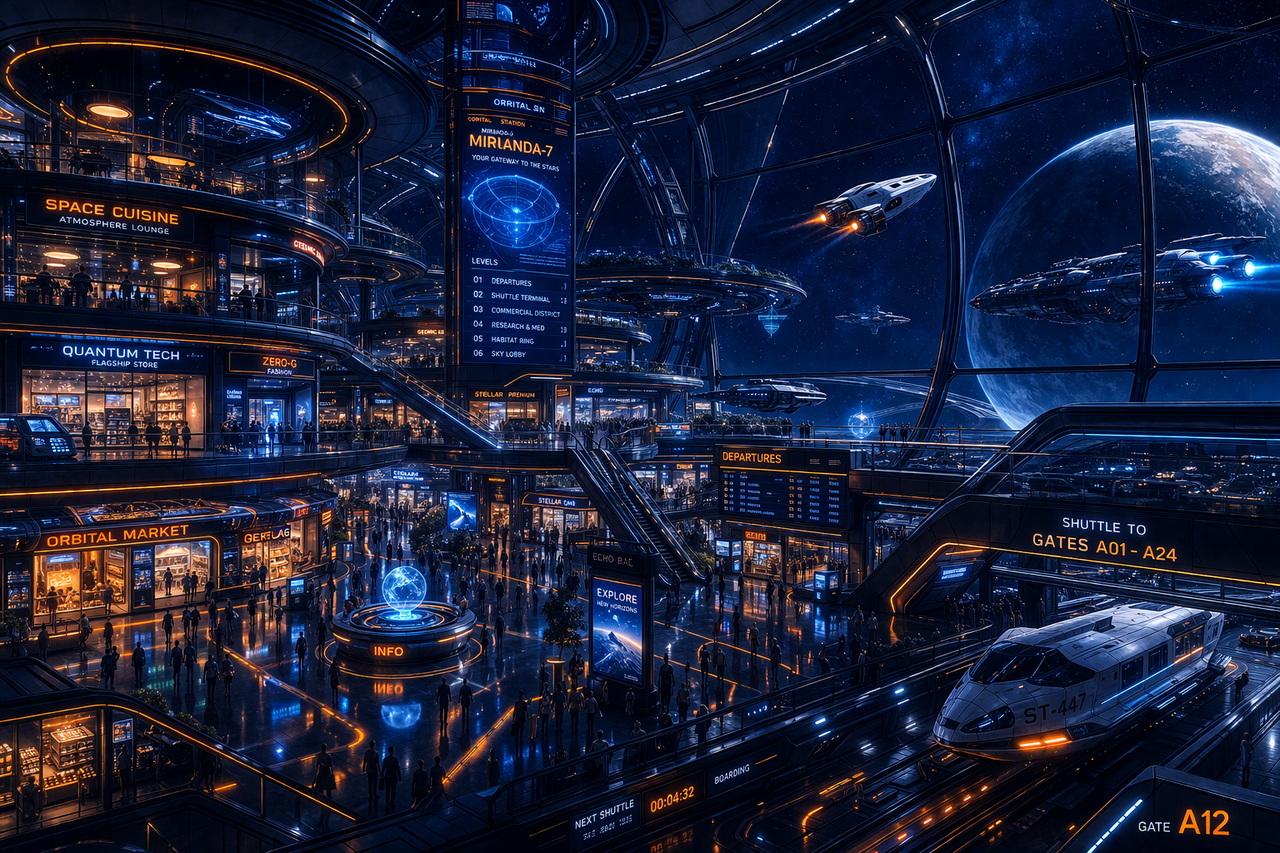 Blick in den weitläufigen, hell erleuchteten Korridor einer futuristischen Raumstation mit metallischen Wänden, großen Fensterfronten und technischen Anzeigen.“