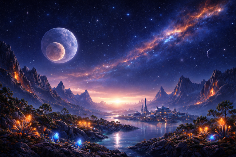 Fremdartige Planetenlandschaft mit Kratern und einem großen Mond am Sternenhimmel.