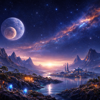 Fremdartige Planetenlandschaft mit Kratern und einem großen Mond am Sternenhimmel.