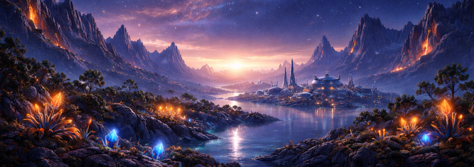 Fremdartige Planetenlandschaft mit Kratern und einem großen Mond am Sternenhimmel.