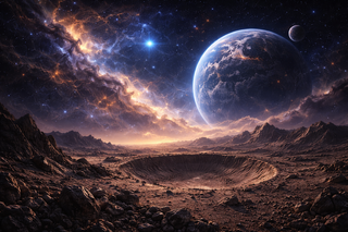 Blick von der zerklüfteten Oberfläche eines Planeten, auf der ein tiefer Einschlagskrater im Vordergrund prangt, während im Hintergrund ein gigantischer Mond und ferne Nebel über dem Horizont aufsteigen.