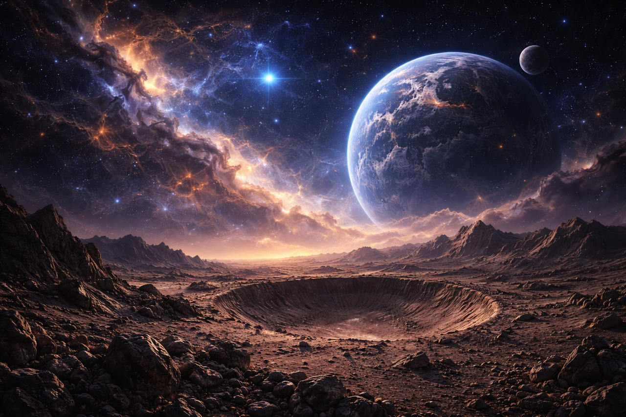 Blick von der zerklüfteten Oberfläche eines Planeten, auf der ein tiefer Einschlagskrater im Vordergrund prangt, während im Hintergrund ein gigantischer Mond und ferne Nebel über dem Horizont aufsteigen.