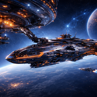 Zwei futuristische Raumschiffe bei einem präzisen Andockmanöver im Weltraum vor dem Hintergrund eines fernen Planeten und funkelnder Sterne.