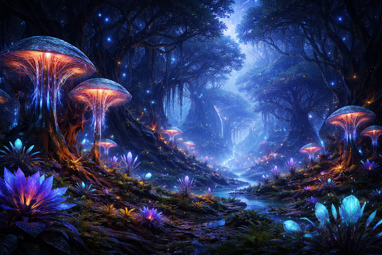 Ein surrealer, außerirdischer Garten auf einem fremden Planeten mit leuchtenden, exotischen Pflanzen, fremdartigen Felsformationen und einem Blick auf einen fernen Planeten am dunklen Sternenhimmel.