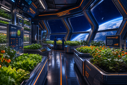 Eine hochmoderne, futuristische Indoor-Farm in einer Raumstation unter anderen mit vertikal angeordneten Pflanzregalen, die durch violettes LED-Wachstumslicht beleuchtet werden, und technischer Ausrüstung im Hintergrund.