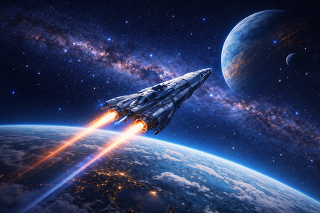 Detailreiche Illustration eines Sci-Fi-Raumschiffs im Flug, umgeben von kosmischen Gasnebeln und funkelnden Sternen.